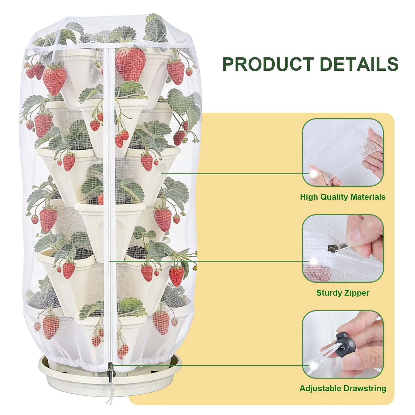 3Pack 41" x 20" Vertical Strawberry Pot Netting, Plant Pot Insect Netting with Zipper & Drawstring, Bird Barrier Planter Pot Garden Net Round Cover for 5-Tier Stackable Strawberry Fruit Vegetable