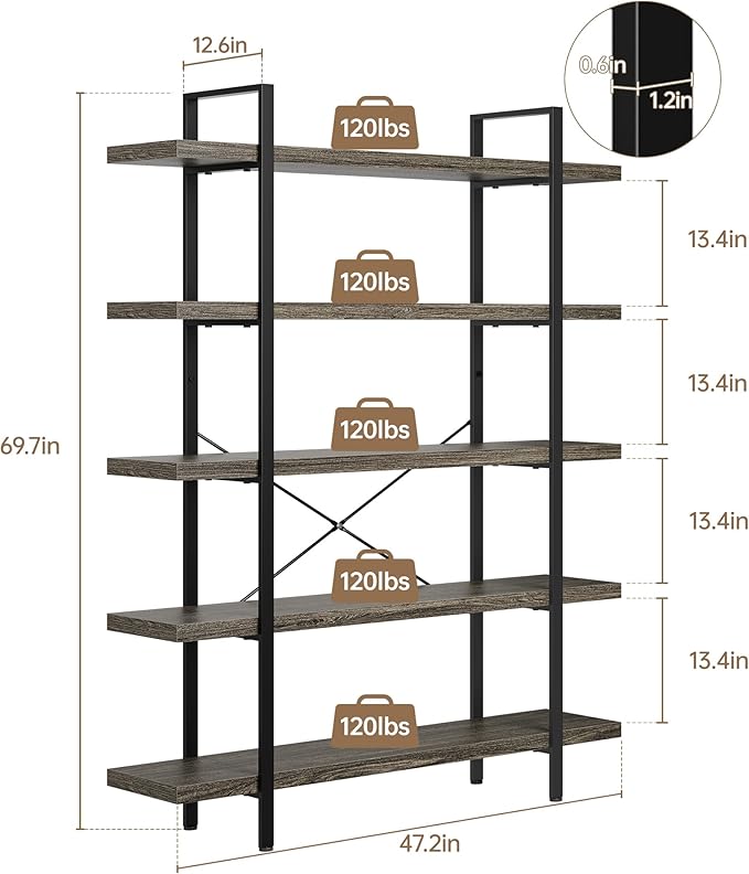 OtterOasis Heavy Duty 5-Tier Industrial Bookcase, 120lbs Shelf Capacity