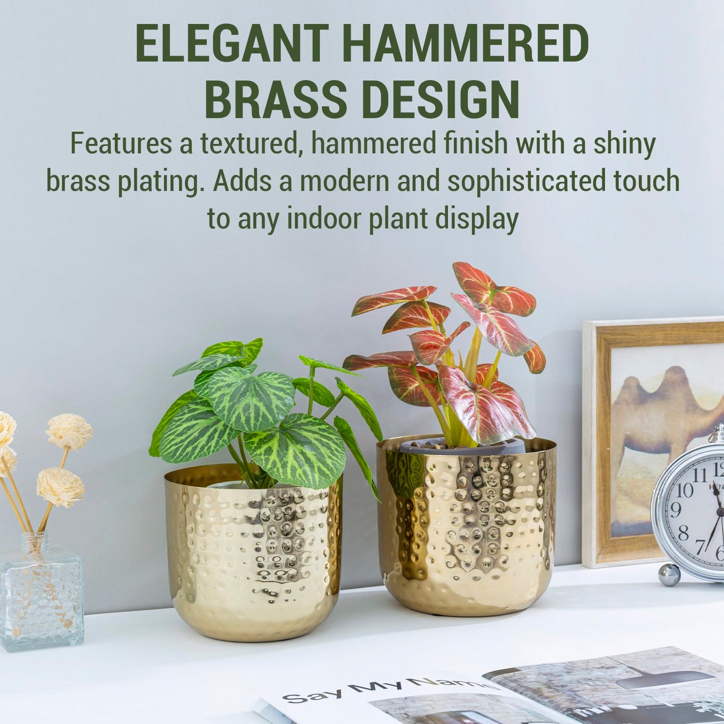 MyGift Modern Hammered Brass Plated Metal Planter Pots – Set of 2 Indoor Plant Containers, 6 & 5-Inch Cylindrical Metallic Planters – Handcrafted in India