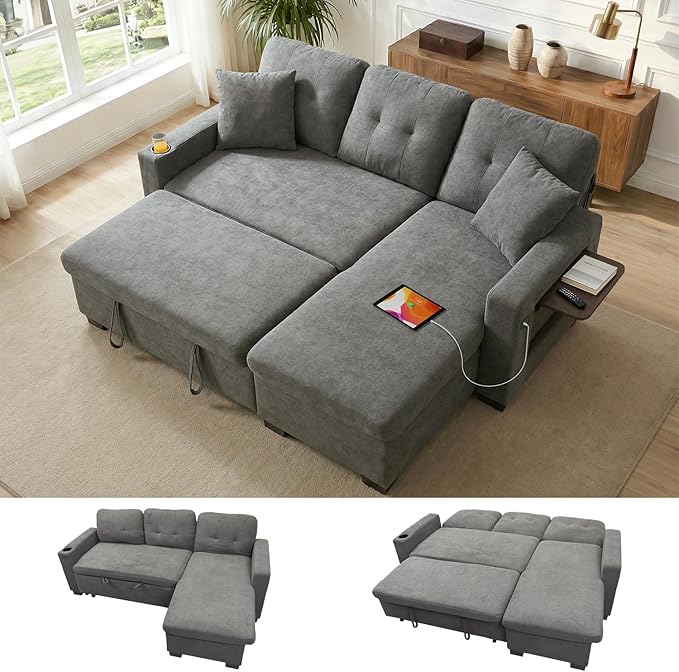 82" L Shaped Sleeper Sofa Bed, Pull Out Sectional Couch
