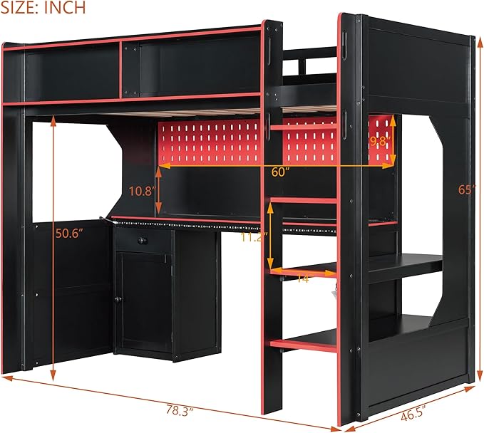 Modern Gaming Loft Bed with Built-in Desk, LED Lighting & Charging Hub –Twin