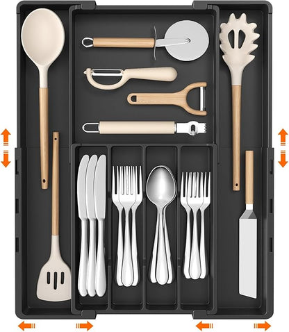 Lifewit Silverware Drawer Organizer, Expandable Utensil Tray for Kitchen, BPA Free Flatware and Cutlery Holder, Adjustable Plastic Storage for Spoons Forks Knives, 4-7 Slots, Black