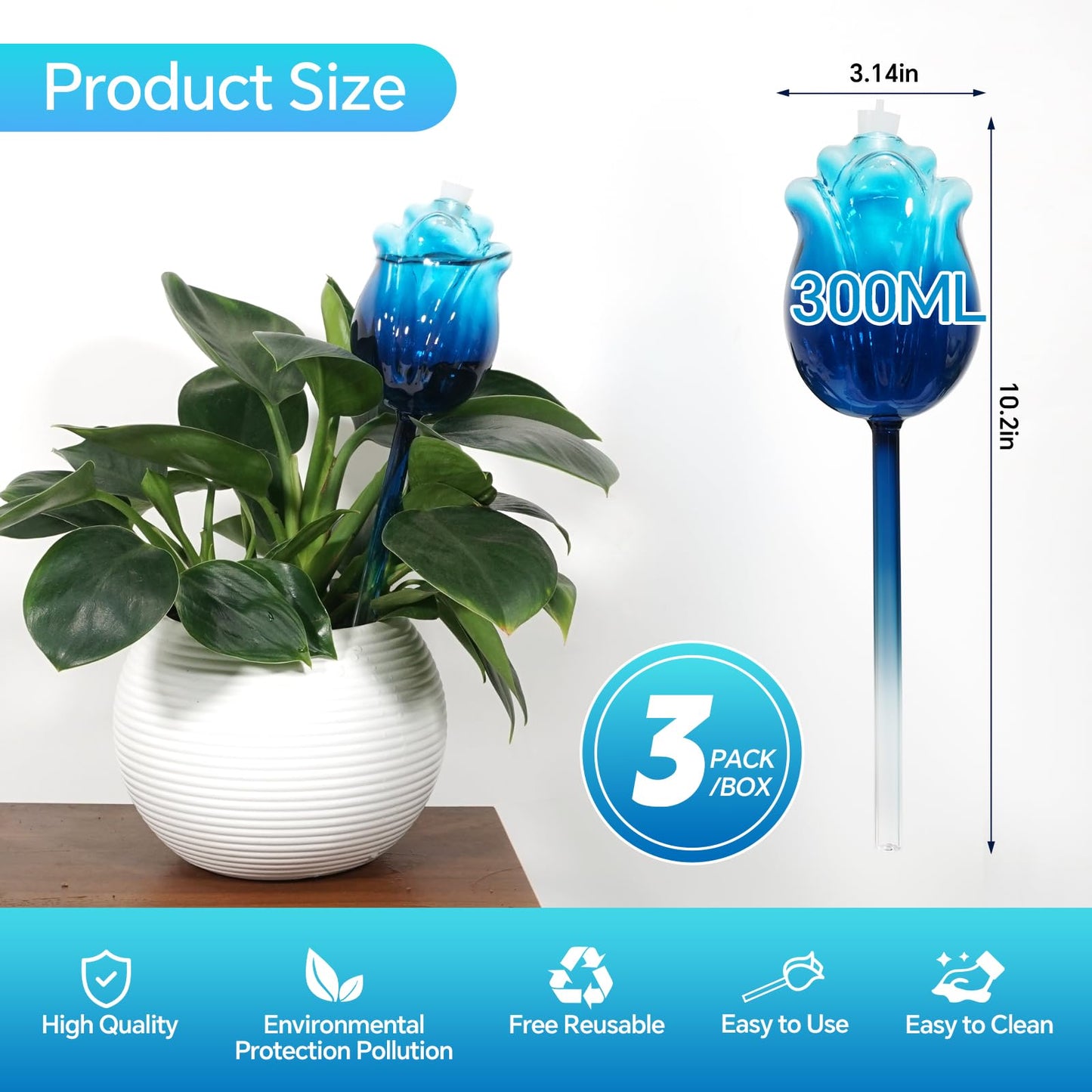 YEH-HOME Large Plant Watering Globes Set of 3-10 oz Indoor/Outdoor Large Self Watering Globes Planter Insert, for Mother/Father/Friend/Plant Enthusiasts (Blue Rose)