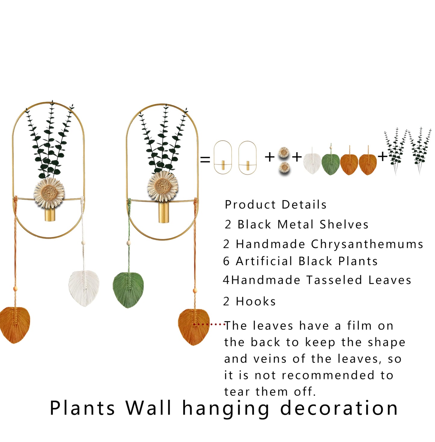 Black Plant Decor, Wall Mounted Metal Vase, Wall Mounted Metal Art for Living Room, Bedroom, Bathroom, Dining Room, Faux Plant Wall Decor (Large 2 Piece Set Gold)
