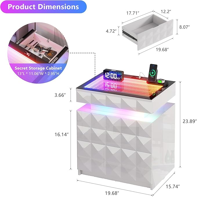 HWB Nightstand with RGB Lights, 3 Drawers Night Stand with Hidden Storage