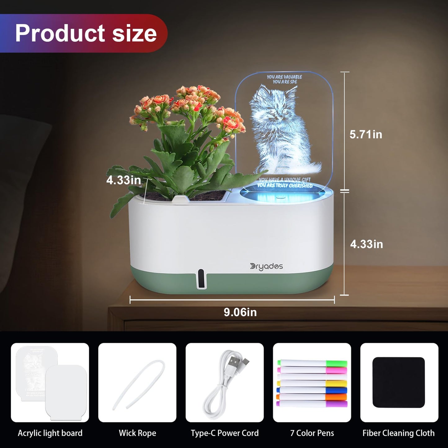Self-Watering Planter with LED Note Board & 7 Colors Pen Acrylic Message Board with Light Acrylic Dry Erase Board, Led Cat Board Night Light with Planting Pot for Children's Day Gifts(No Plant&Seed)