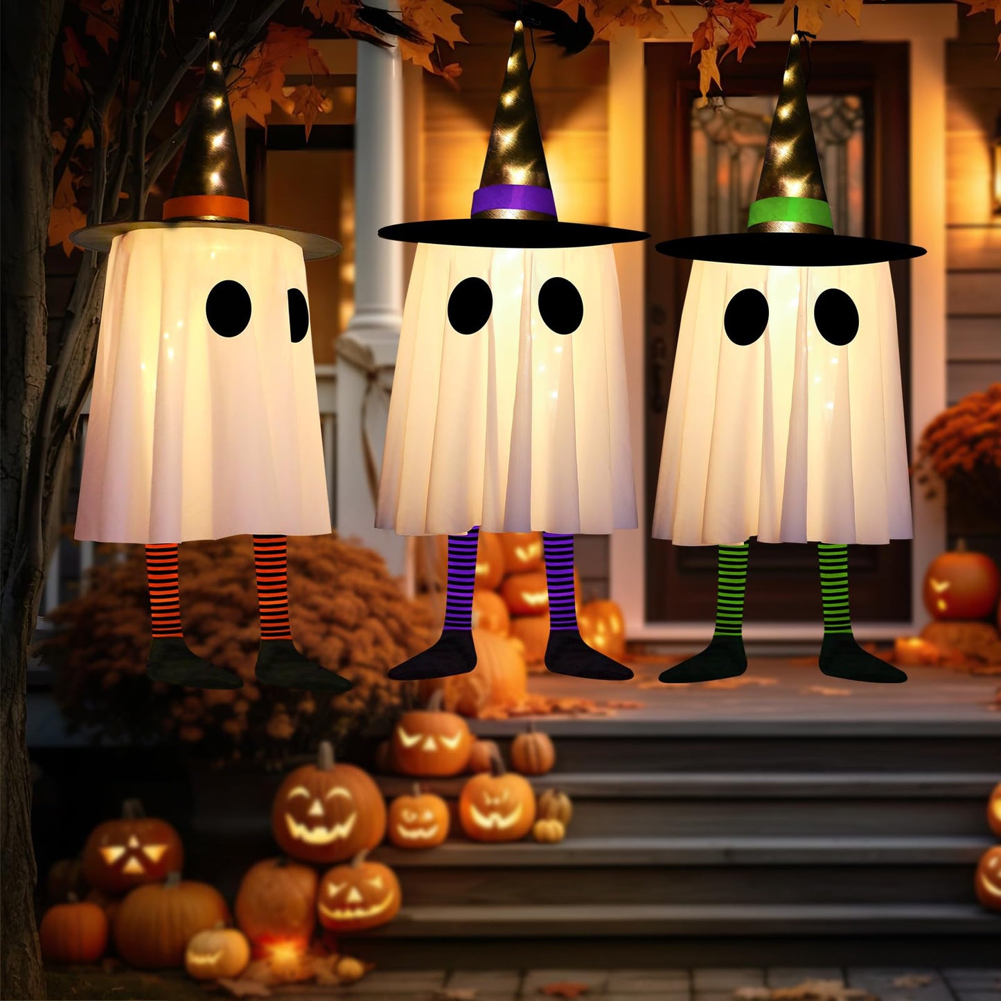 Set of 3 Halloween Hanging Ghosts, Halloween Decorations Outdoor Hanging Spooky Ghosts with Warm White LED Light, Glowing Ghost Witch Hat Lights Decor for Front Yard Lawn Garden Party Outdoor