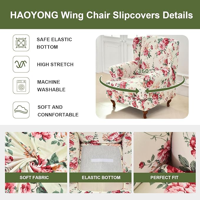 HAOYONG Wing Chair Slipcovers Stretch Wingback Chair Covers Printed 2 Pieces