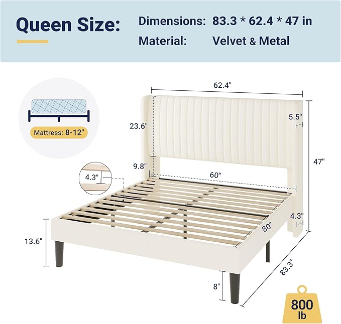 Allewie Queen Size Velvet Bed Frame/Vertical Channel Tufted Wingback
