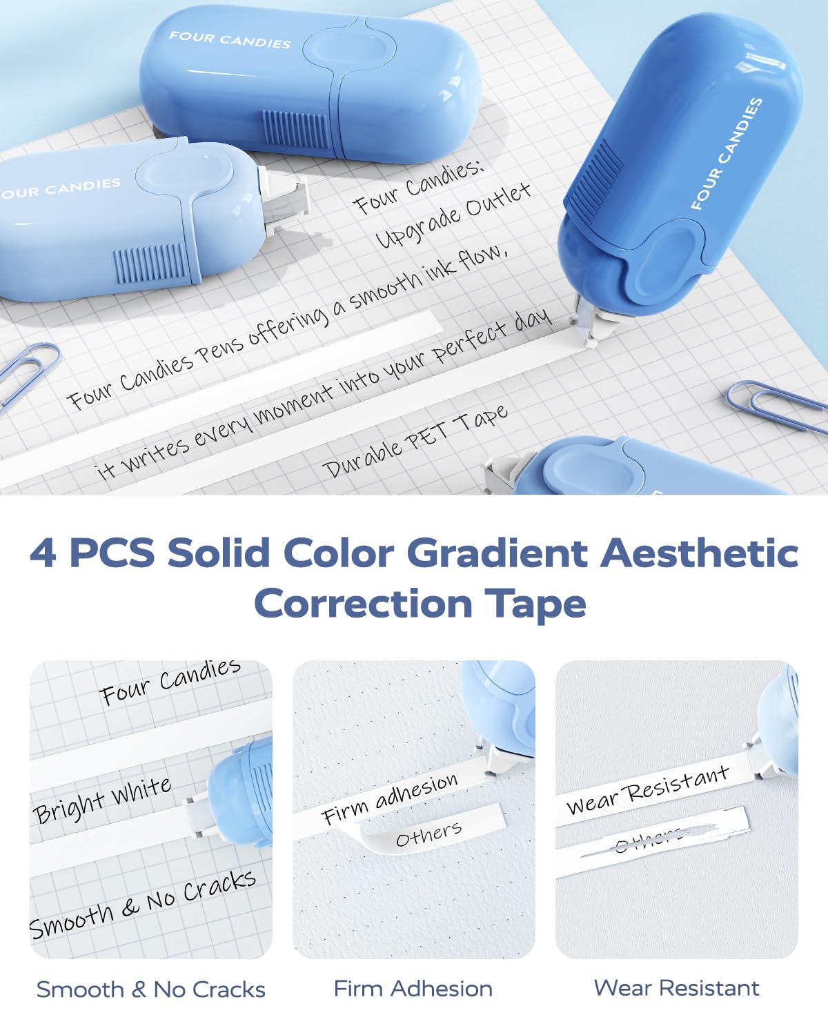 Four Candies Blue Office Supplies, Gel Pens with Black Ink, Correction Tapes,Pastel Highlighters, Mechanical Pencils, Sticky Notes, Index Post for Bible Study Stationary College Essentials