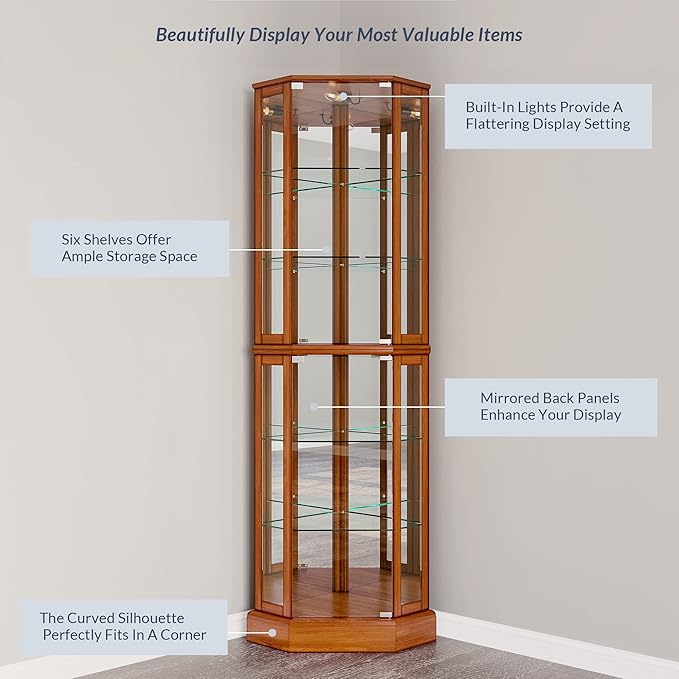 BELLEZE Lighted Curio Cabinet Corner Display Case