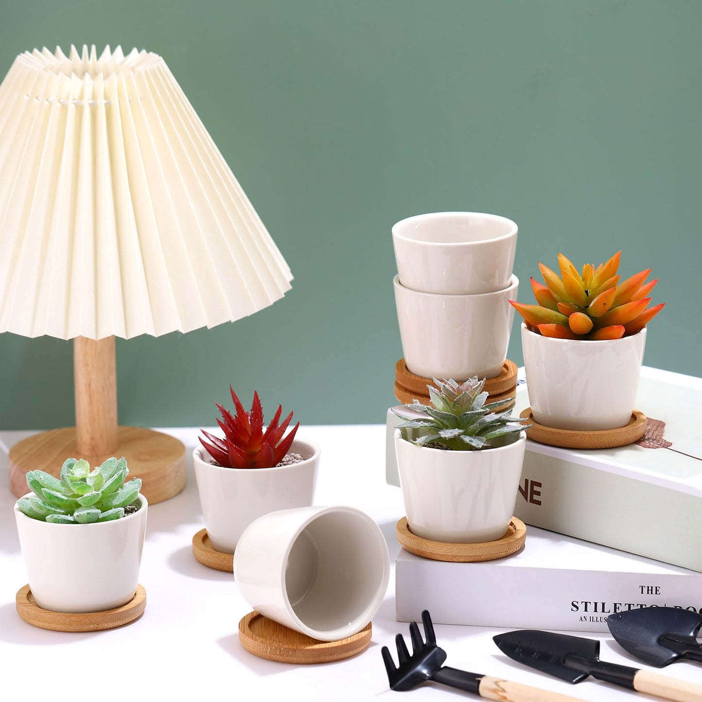 Hsei 24 Pack 2.5 Inch Mini Succulent Plant Pots Small Ceramic Flower Pot with Bamboo Tray Garden Cactus Herb Container Home Office Decoration for Birthday Mother's Day Wedding Favor Gifts (White)