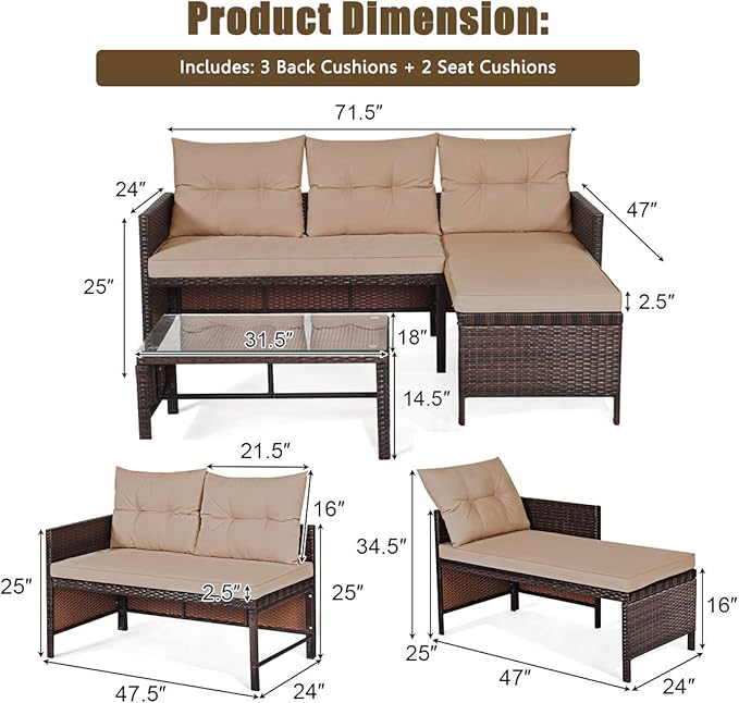 Tangkula Patio Corner Sofa Set 3 Piece, Outdoor Rattan Sofa Set, Includes