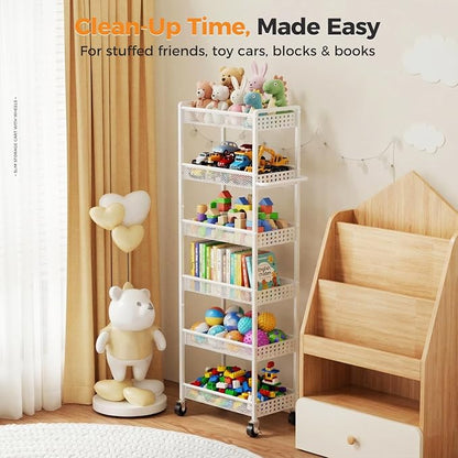 6 Tier Slim Storage Cart with Wheels, 10" D Rolling Storage Cart for Small Space, Metal Narrow Spice Cabinet Mobile Shelving Unit Organizer with Handle for Kitchen, Laundry - White