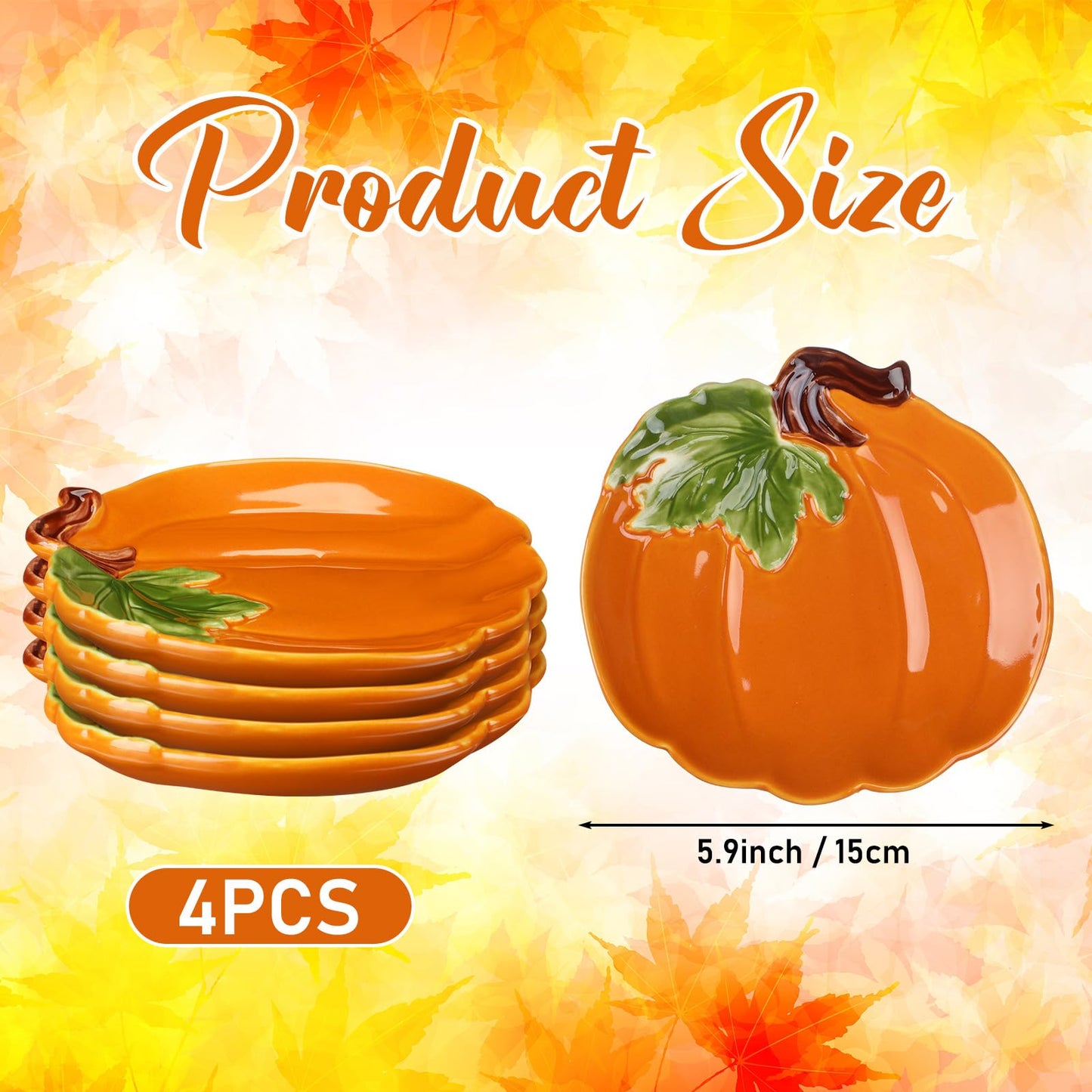 FillTouch 4 Pcs 5.91'' Ceramic Pumpkin Plates Thanksgiving Fall Platters Candy Dishes Harvest Serving Bowl for Thanksgiving Halloween Autumn Orange Party Supplies Dinnerware