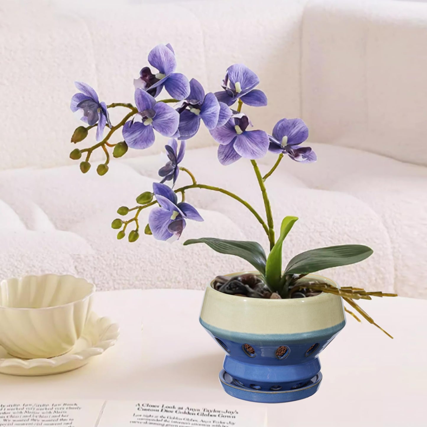 Gepege 6.5 Inch Orchid Pots with Holes for Indoor Plants, Plant Pots with Drainage Hole, Ceramic Flower Planter with Saucers, Blue Ceramic Planter