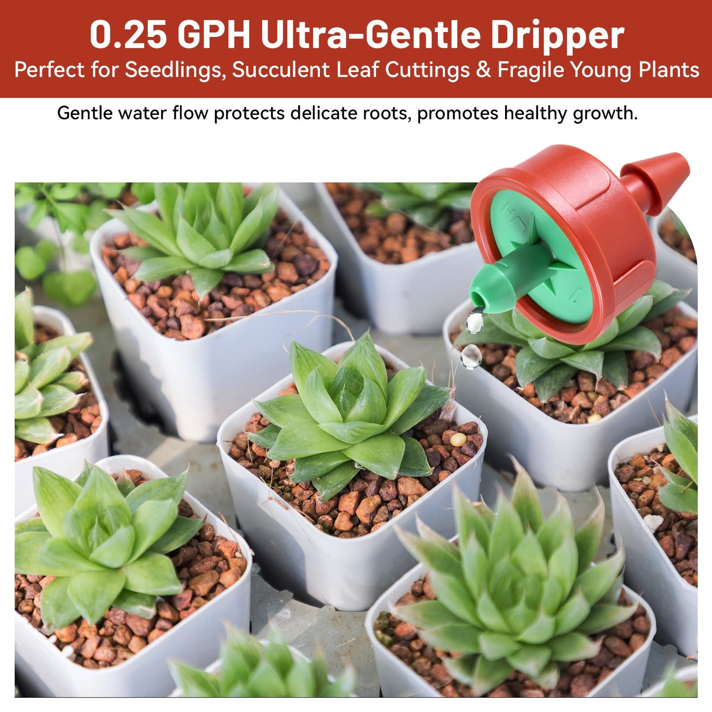 50 PCS 0.25 GPH Pressure Compensating Drip Irrigation Spot Watering Drippers/Emitters, Anti-Clog Self-Cleaning Drip Irrigation Emitters Heads Irrigation Drippers Parts for Seedlings, Mini Gardens