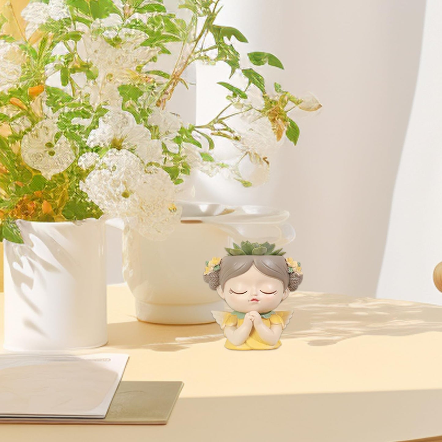 Face Planter Fairy Girl Face Pots Resin Plants Pot with Drainage Hole Small Cute Girl Face Succulent Pots for Indoor Outdoor Plants Tiny Cactus Thinking