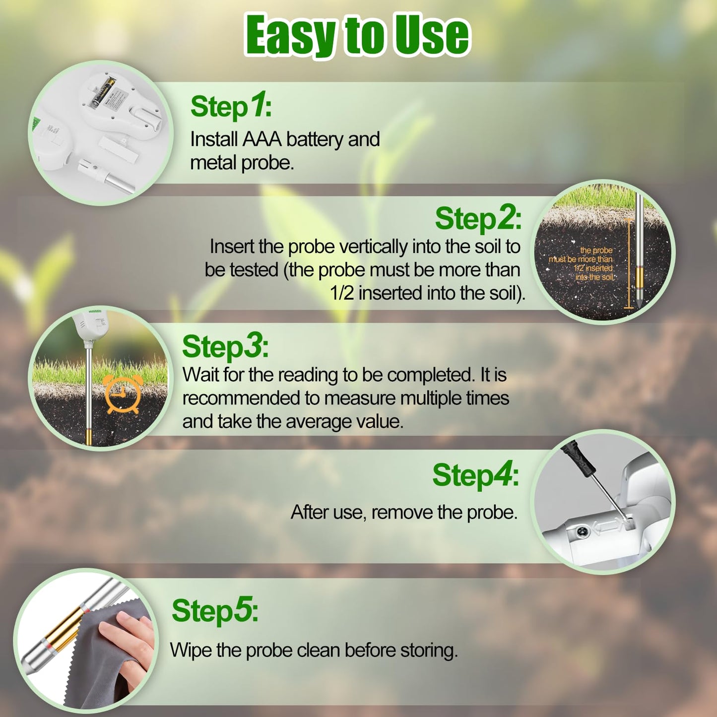 SPECILITE 6-in-1 Soil Tester, Digital Soil Moisture Meter/PH Meter/Sunlight/Temperature/Fertility Monitor with 2 Removable Probe, Dual Screen Soil Test Kit for Gardening, Lawn, Indoor & Outdoor Plant