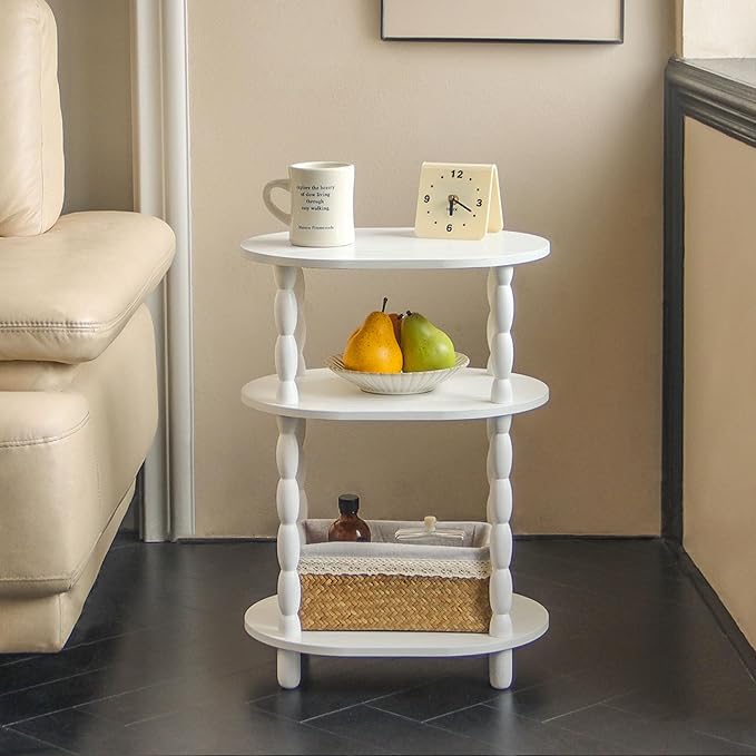 MaxSmeo White Side Table with Charging Station, 3-Tier Small Oval End Table