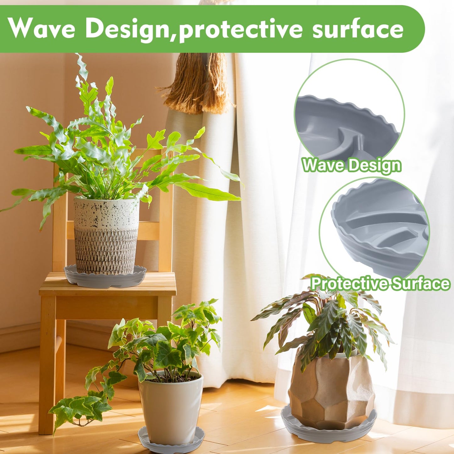 ittyfei 6 Pack 8 Inch Plant Trays for Pots, Raised Ridge Plant Saucers,6 10 12 14 Inch Durable Plastic Plant Pot Saucer,Gray Round Plant Water Catcher Tray for Indoors and Outdoors(Gray, 8‘’6pack)