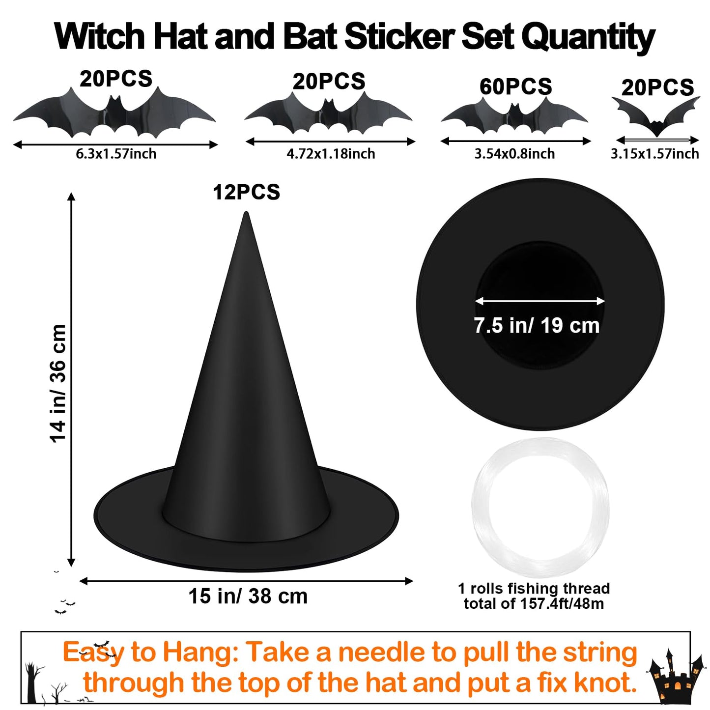 Famoby 12pcs Halloween Black Witch Hat with 157 FT Nylon Cord &120pcs Bat Sticker for Indoor Outdoor Home Yard Porch Ceiling Halloween Party Decorations