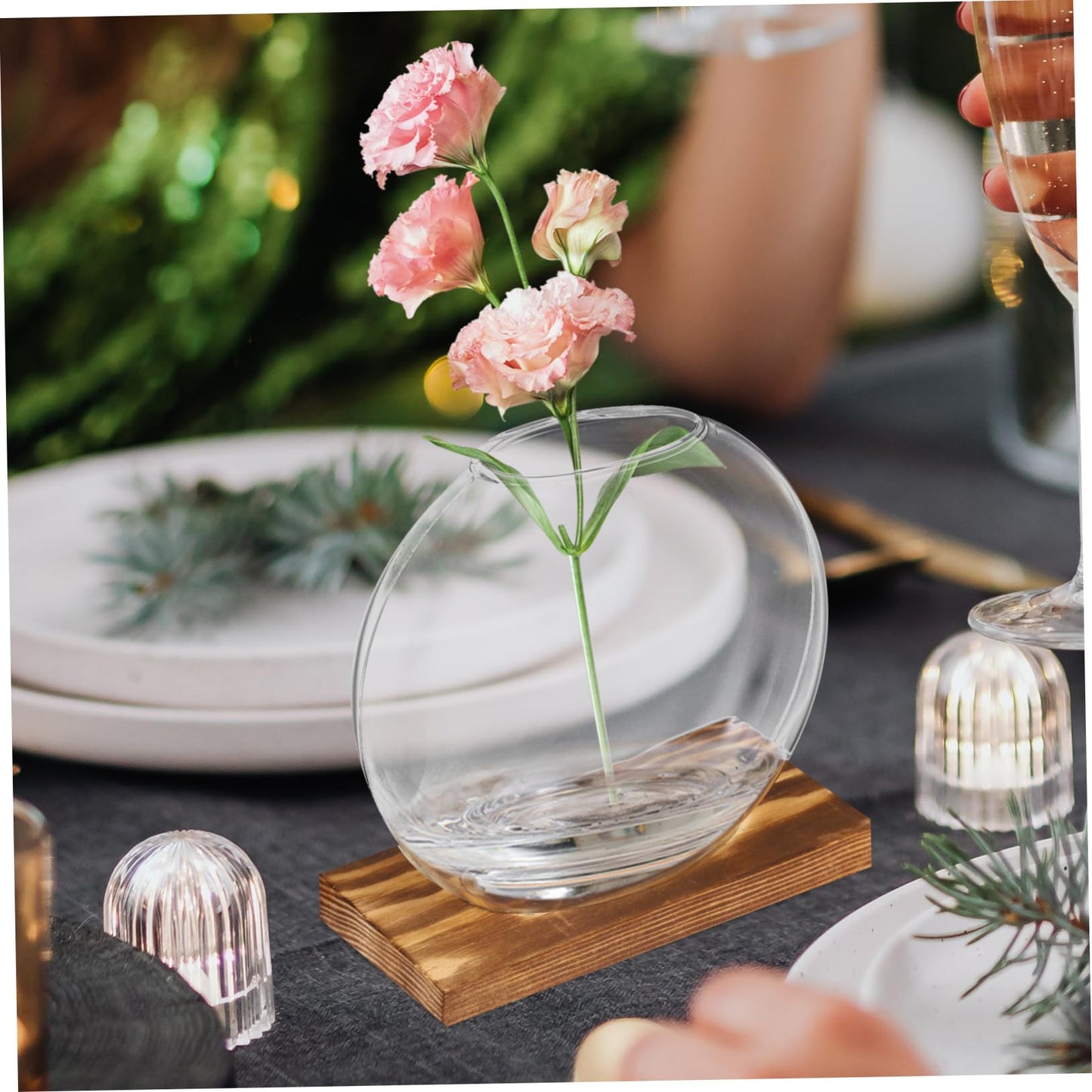 YOSADIER 2Sets Clear Glass Planter with Wooden Base Elegant Small Terrarium Vases for Home Office and Event Decor for Hydroponic Plants Like and African Violets