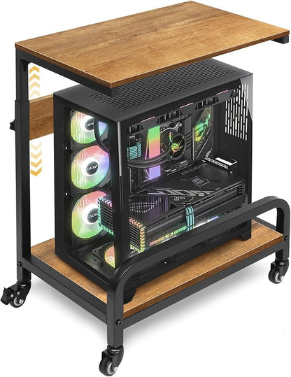 2-Tier Computer Tower Stand Adjustable, Gaming PC Floor Stand Large for ATX, E-ATX, ITX, Rolling PC Tower Cart with Guardrail, Metal Locking Wheels, 32.7" X 21.6" X 15.8",Walnut