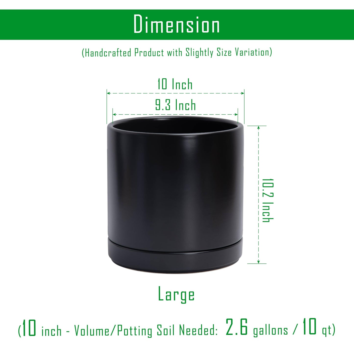 D'vine Dev 10 Inch Ceramic Planter Pot with Drainage Hole and Saucer, Indoor Cylinder Round Planter Pot, Black, 94-O-E-2