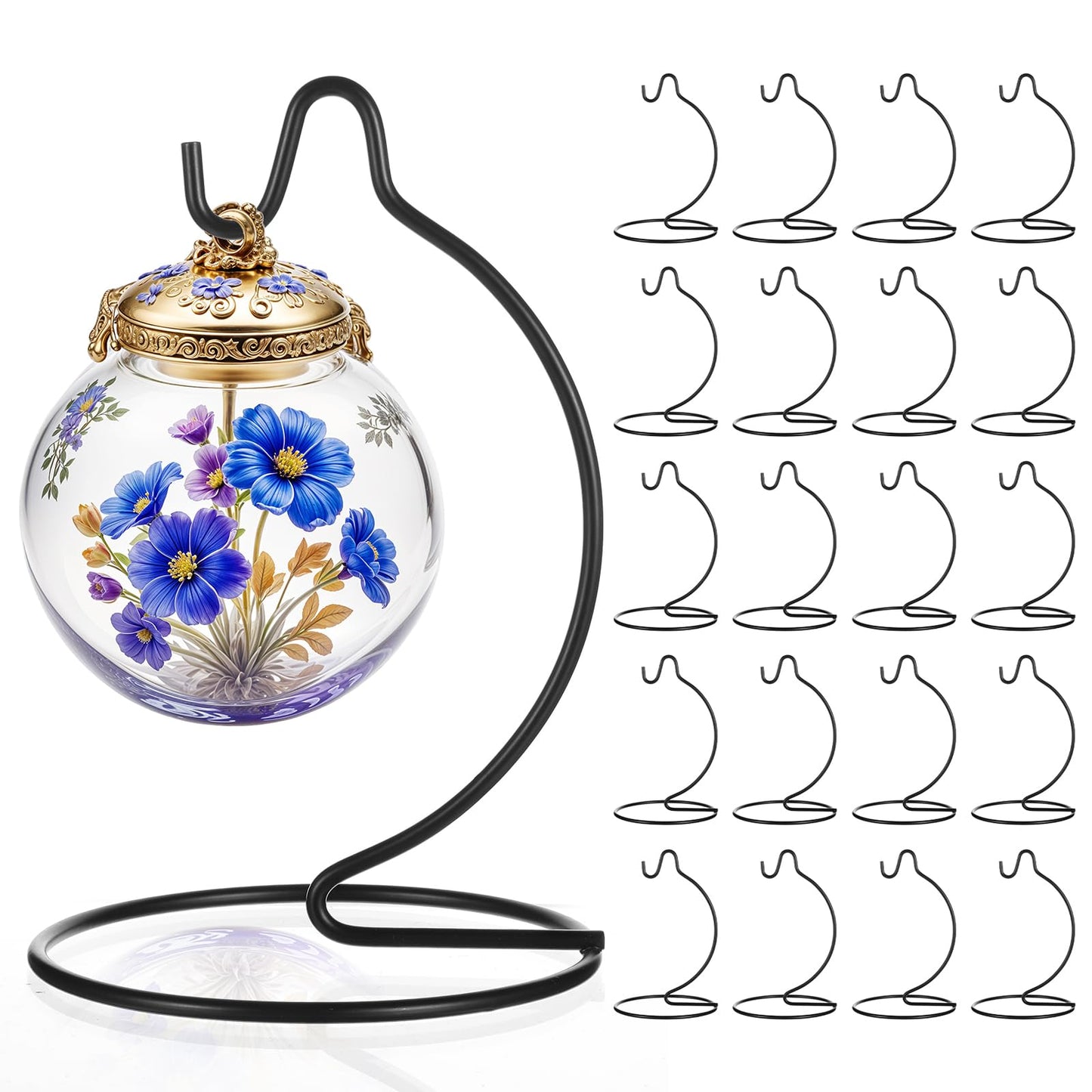 JOUTYFOR 20 Pcs Ornament Display Stand Small 6 Inch, Ornament Hanger, Air Plant Holder Terrariums Hanging Stand Crystal Ball Hanging Hook for Christmas Wedding Home Office Decoration(Black)