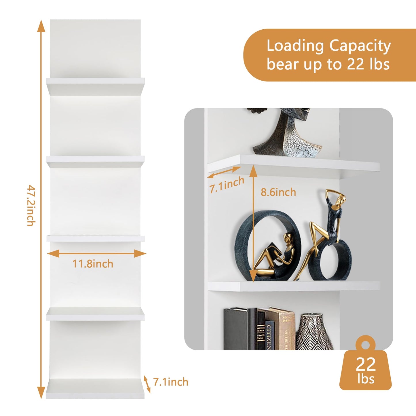 Homaterial 5 Tier Wall Shelf, Wall Mounted Shelves Unit for Living Room Bedroom, Floating Shelves Decor Organizer Tall(White), White