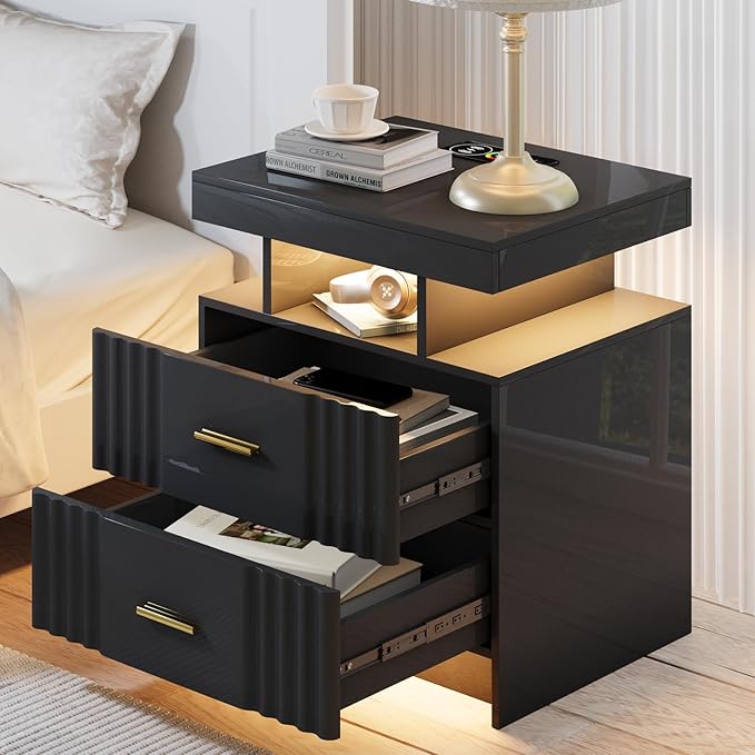 Nightstand with Wireless Charging Station, Bedroom Bedside Table with RGB Lights
