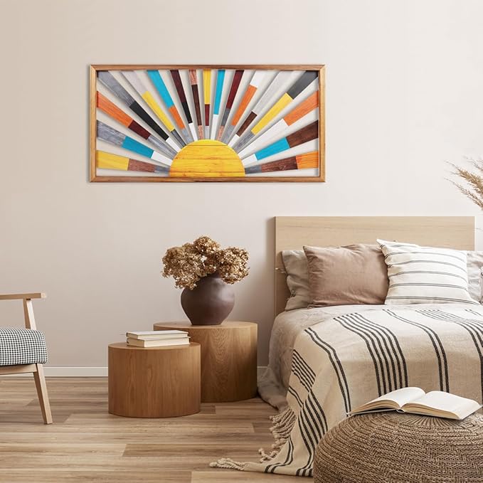 IARTTOP Large Boho Sun Wall Art Framed Wooden Art Wall Decor Rainbow Sun Rising