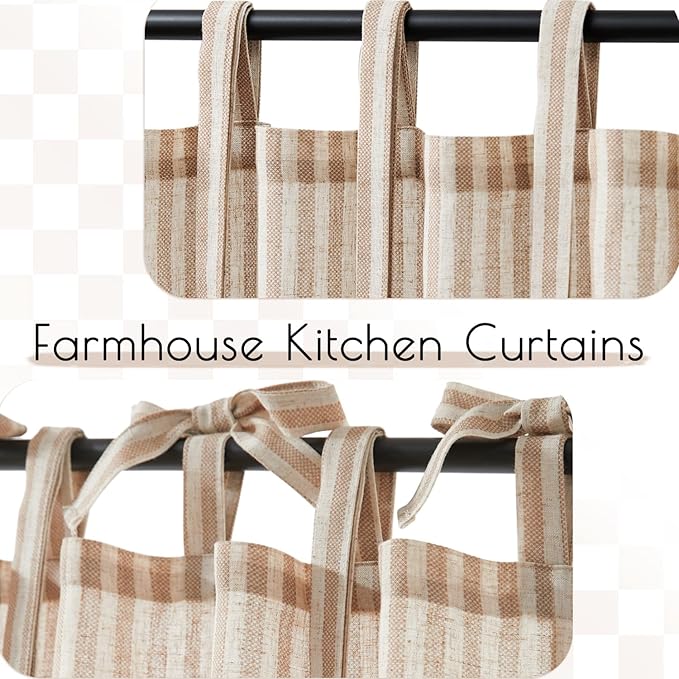 jinchan Tie Top Linen Kitchen Curtains 36 Inches Striped Tier Curtains Farmhouse Modern Cafe Style Small Window Treatments Airy Light Filtering Rod Pocket for Living Room Bathroom 2 Panels Tan