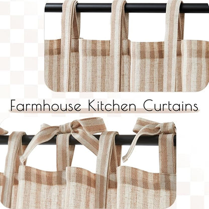 jinchan Tie Top Linen Kitchen Curtains 36 Inches Striped Tier Curtains Farmhouse Modern Cafe Style Small Window Treatments Airy Light Filtering Rod Pocket for Living Room Bathroom 2 Panels Tan