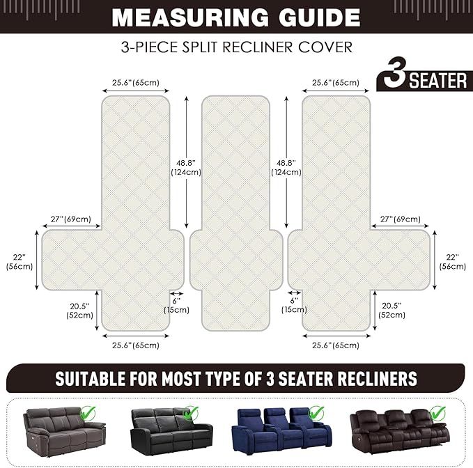 TAOCOCO 100% Waterproof Recliner Sofa Covers 3 Seater, Split Couch Covers