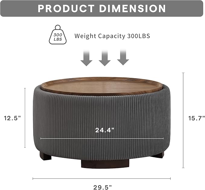29.5 Inch Round Storage Ottoman Coffee Table, Modern Circle Coffee Table