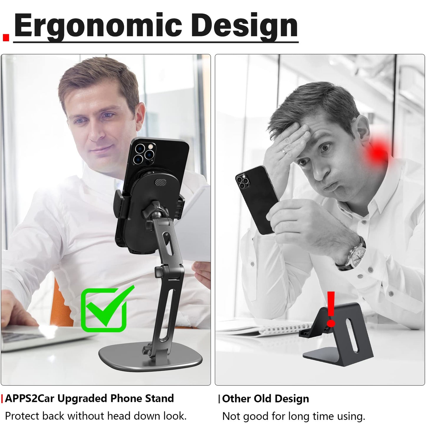 APPS2Car Phone Stand for Desk [No Dropping Stable Triple-Clamp Holder] Adjustable Height 360 Degree Rotation Heavy Base Thick Case Friendly, Multifunctional Cell Phones Stand for iPhone Android Phones
