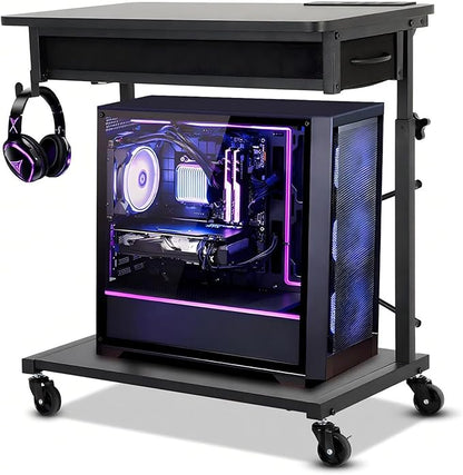 FAHKNS 2-Tier Computer Tower Stand - Computer Tower Floor Stand，PC Tower Stand with Power Outlet & Lockable Wheels，PC Holder for Office/Home/Studio/Game Room
