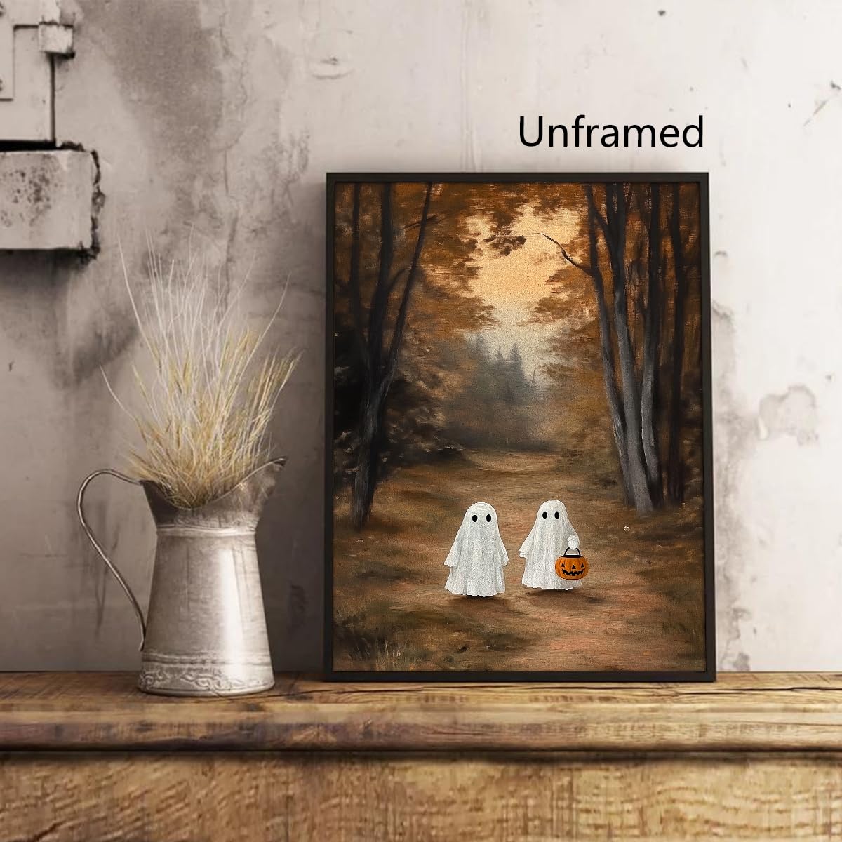 Halloween Ghost Canvas Wall Art, Friendly Ghosts with Jack O Lantern In Autumn Forest Poster, Spooky Fall Landscape Print, Gothic Halloween Pumpkin Holiday Picture for Bedroom 12x16in Unframed