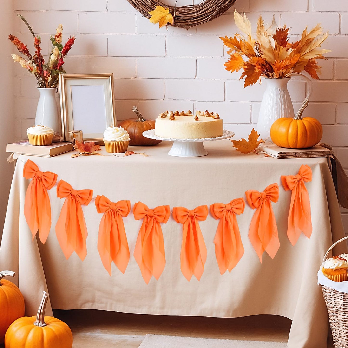 Orange Fall Bow Garland, Autumn Chiffon Bows Garland Thanksgiving Pumpkin Bow Banner Fall Decor for Mantle Fireplace Decor, Home Office Thanksgiving Halloween Harvest Decorations