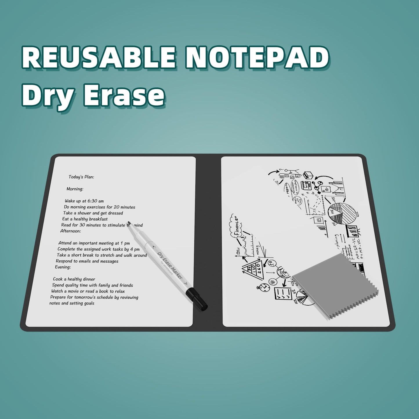 Portable Dry Erase Board,Reusable Whiteboard Notebook, Double-Sided White Board PU Cover 9.5"x6.6" with Marker,Wipe Cloth (Brown)