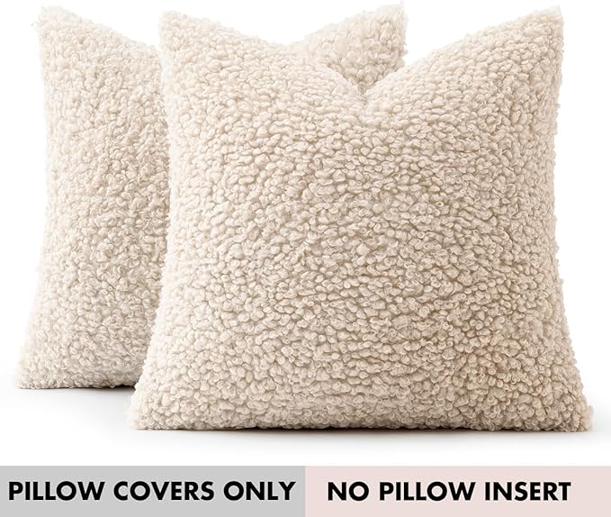 Faux Fur Throw Pillow Covers 18x18 Inch Set of 2 Boucle Neutral Decorative