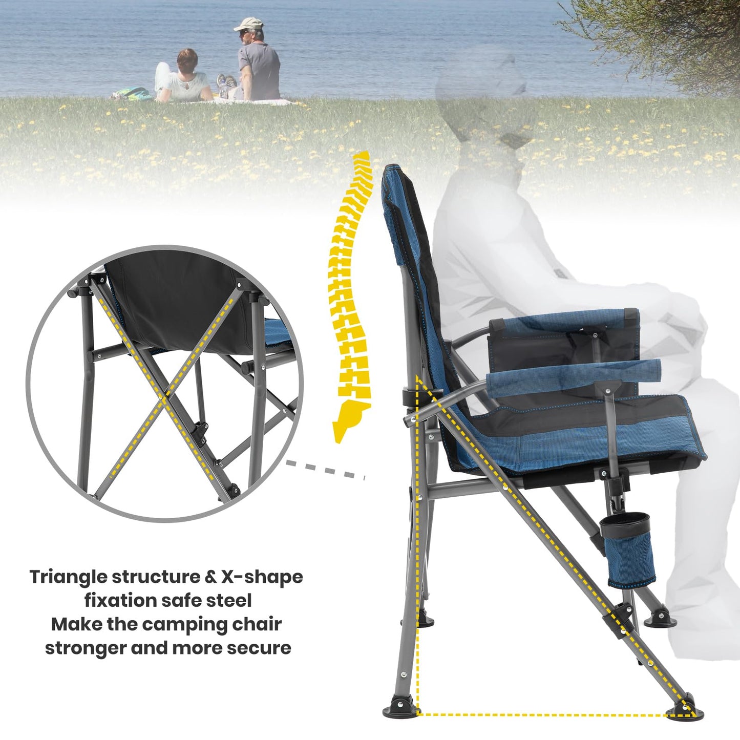 XGEAR Portable Camping Chair for Adutls - Heavy Duty Outdoor Camp Chairs - Folding Lawn Chair with Padded Hard Armrest Cup Holder Storage Pocket - Collapsible for Outdoor Fishing Garden
