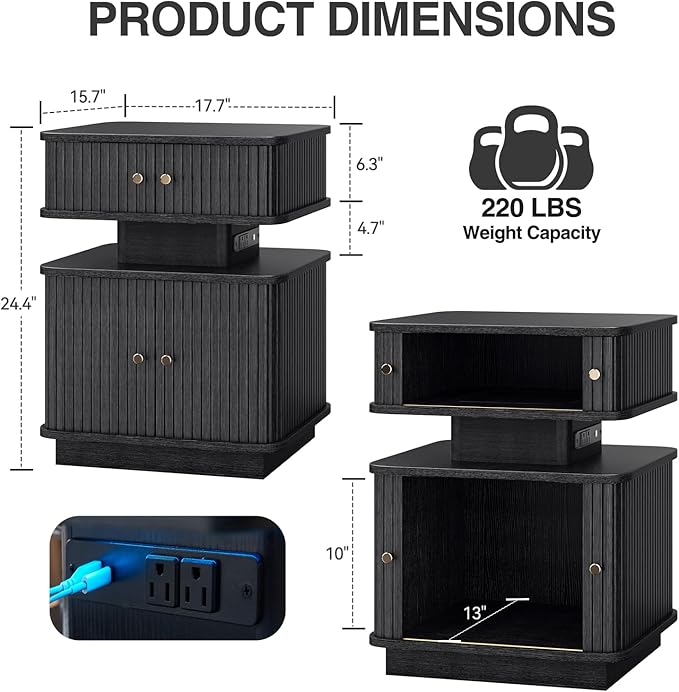Black Nightstand with Charging Station and LED Light, Fluted Bedside Table with