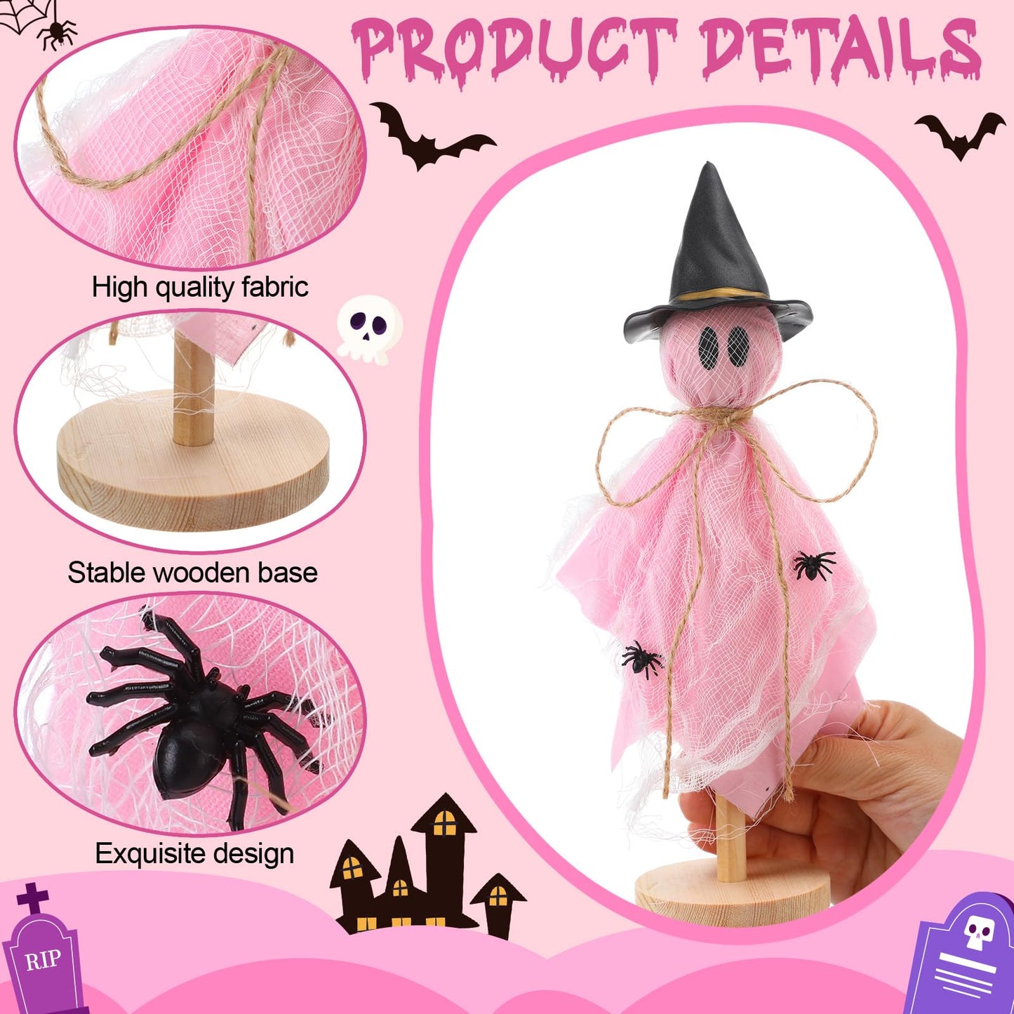 Kathfly 5 Pcs Halloween Ghost Decorations Indoor Primitive Halloween Ghosts with Witch Hat Wooden Stand Pink Ghost Wooden Centerpieces for Home Office Table Tiered Tray Mantel Party Decor