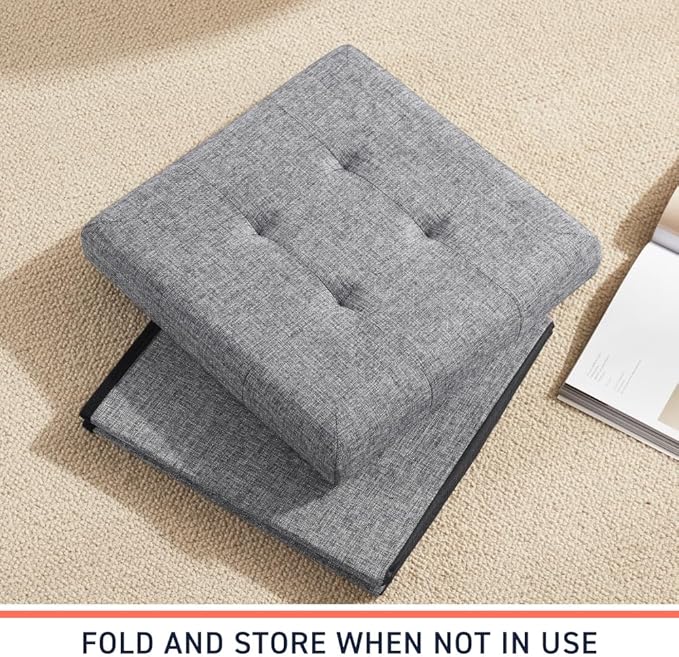 Ornavo Home 2 Pack 15 Inch Folding Storage Ottoman, Square Cube Linen Small