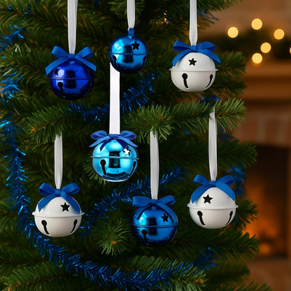 Jenaai 12 Sets Blue Christmas Jingle Bells with Ribbon 2 Inch Large Metal Cutout Craft Bells Blue Hanging Ornaments for Christmas Tree Xmas Decoration Crafts Party Favors Stocking Stuffers