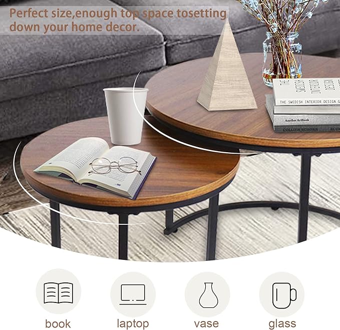 aboxoo Coffee Table Nesting Side Round Set of 2 End Table Top Sturdy Metal
