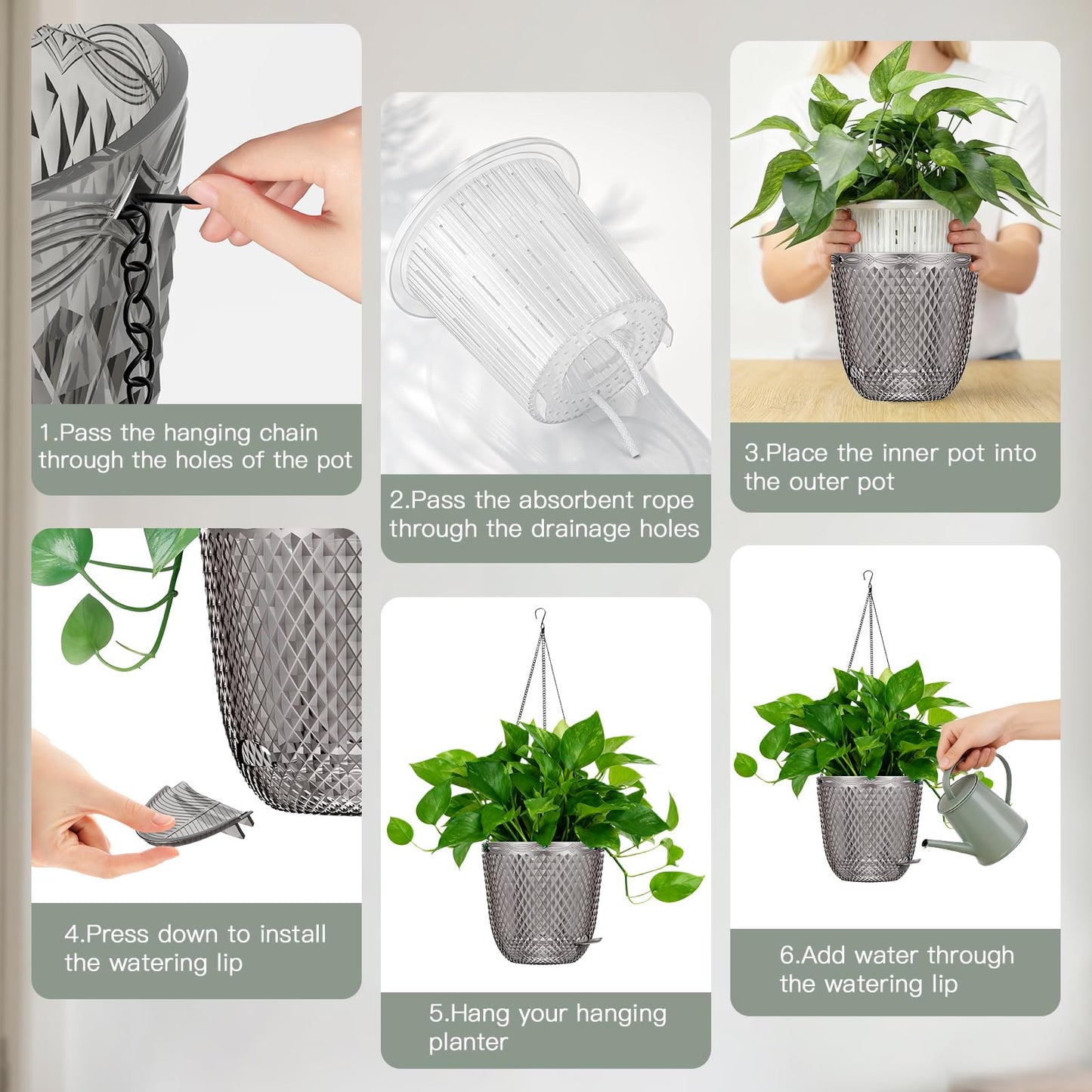 QCQHDU Hanging Planters for Indoor Plants, 2-Pack 5.7 Inch Self Watering Hanging Pots, Plastic Plant Hanger with Drainage Holes and 3 Hooks Chains for Garden Home (Gray)